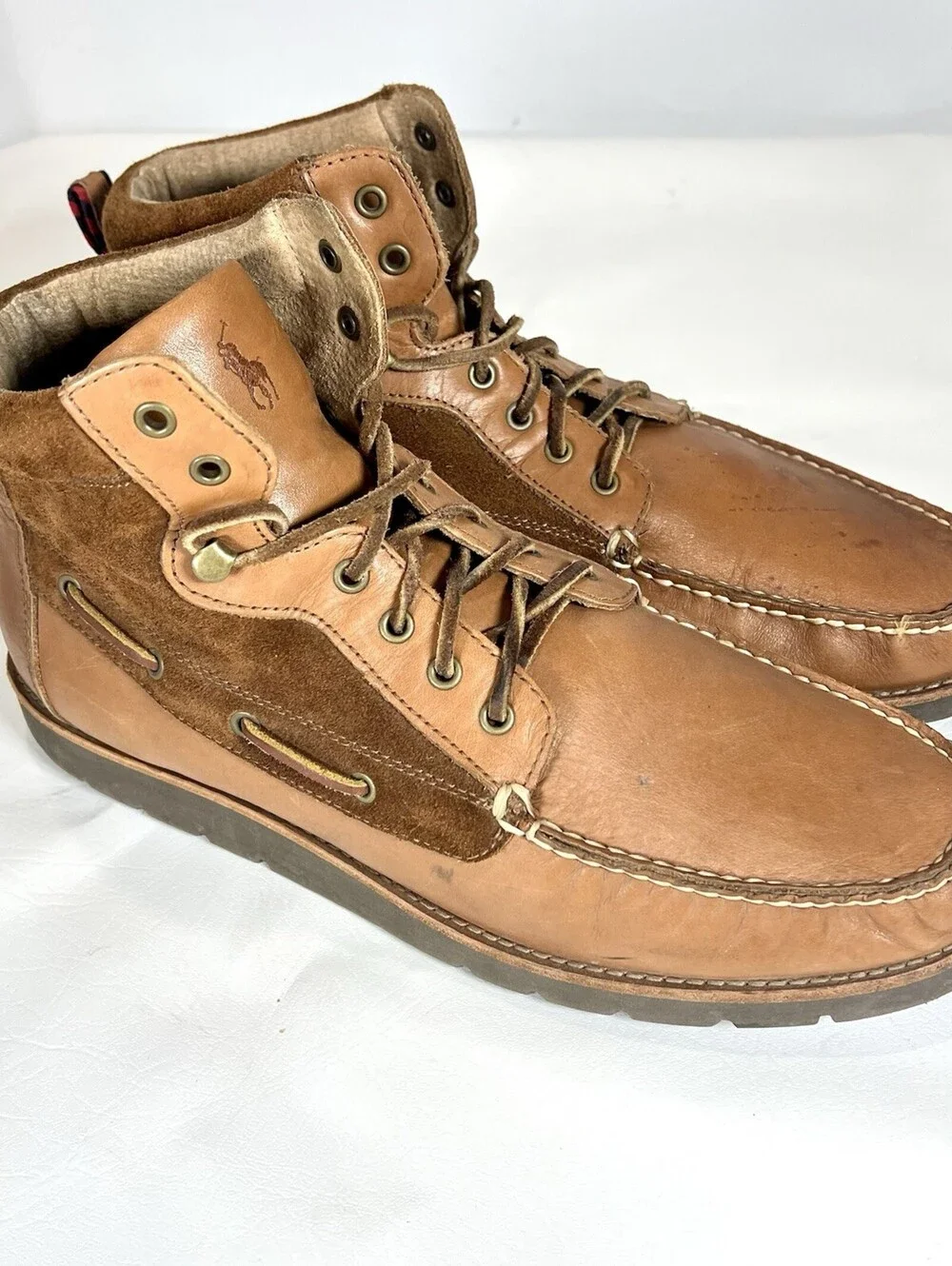 Polo Ralph Lauren Salisbury Mens 12 D Leather Suede Moc Toe Boots Tan Brown